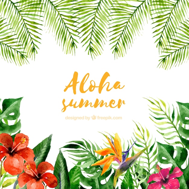 Fondo aloha verano con plantas y flores en acuarela 