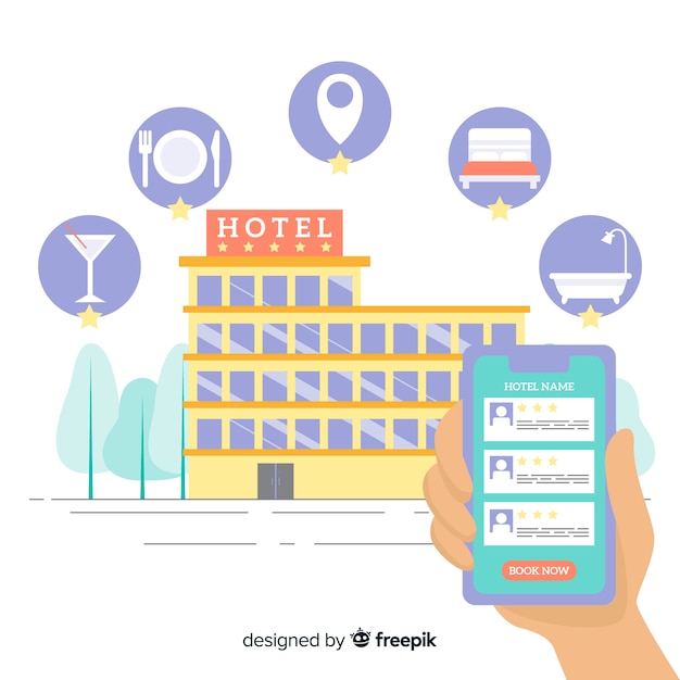 Fondo aplicación reserva de hotel plano vector gratuito