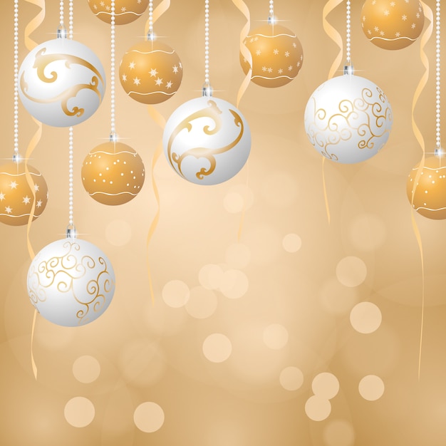 Fondo de bolas navideñas colores dorado y blanco Vector Premium