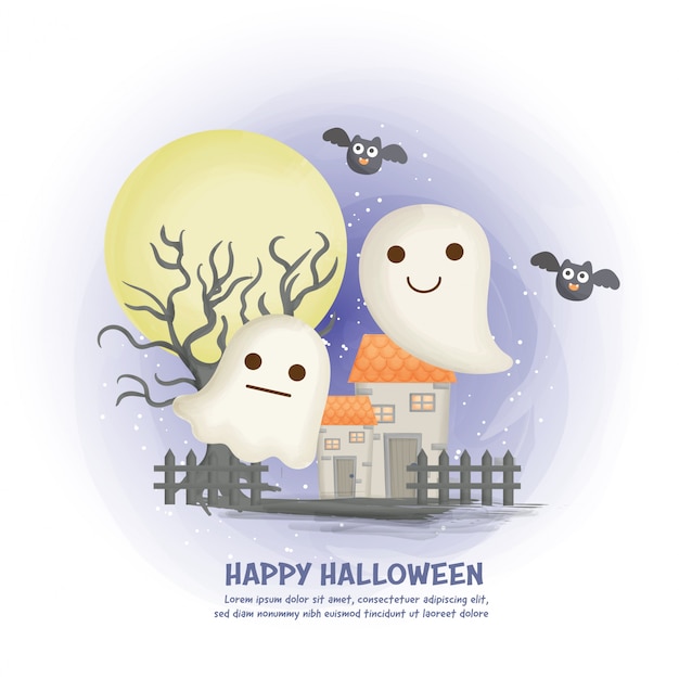 Fondo De Casa Embrujada De Halloween Con Fantasma Lindo Vector Premium