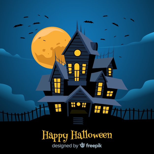 Fondo con casa encantada de halloween en diseño plano vector gratuito
