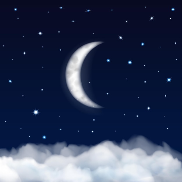 Fondo De Cielo Nocturno Con Luna, Estrellas Y Nubes | Vector Premium