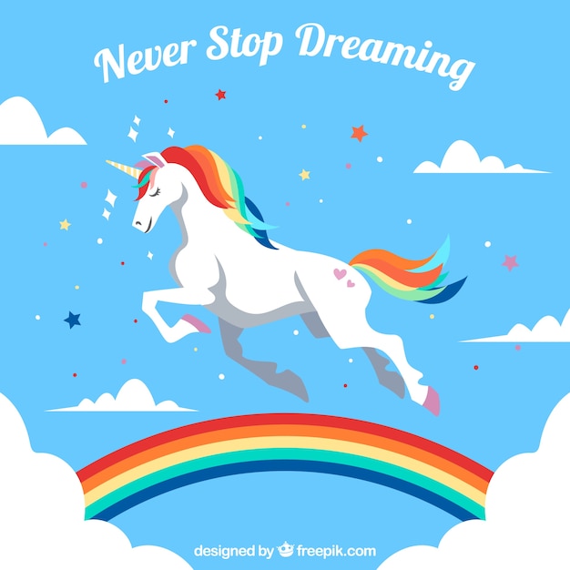 Fondo De Cielo De Nubes Y Arcoiris Con Bonito Unicornio Vector Premium