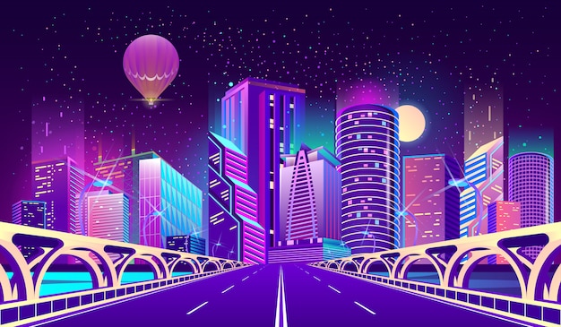 Fondo Con Ciudad De Noche En Luces De Neón Vector Gratis 0386