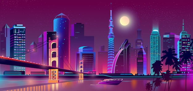 Fondo Con Ciudad De Noche En Luces De Neon Vector Gratis