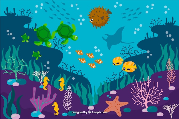 Vector Gratis Fondo De Coral Plano Con Peces Y Estrellas De Mar