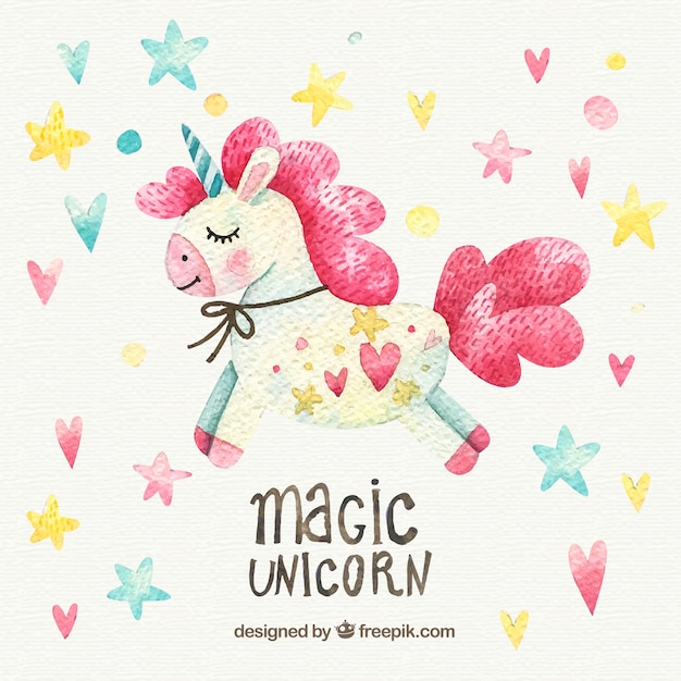 Fondo de corazones y estrellas con bonito unicornio de 