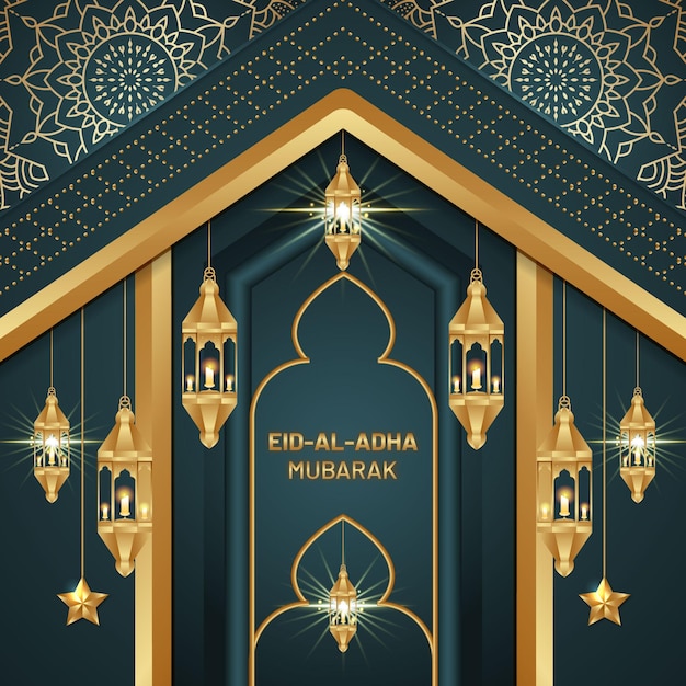 Fondo De Eid Mubarak Con Linternas Doradas Claras Realistas Vector Premium 0129