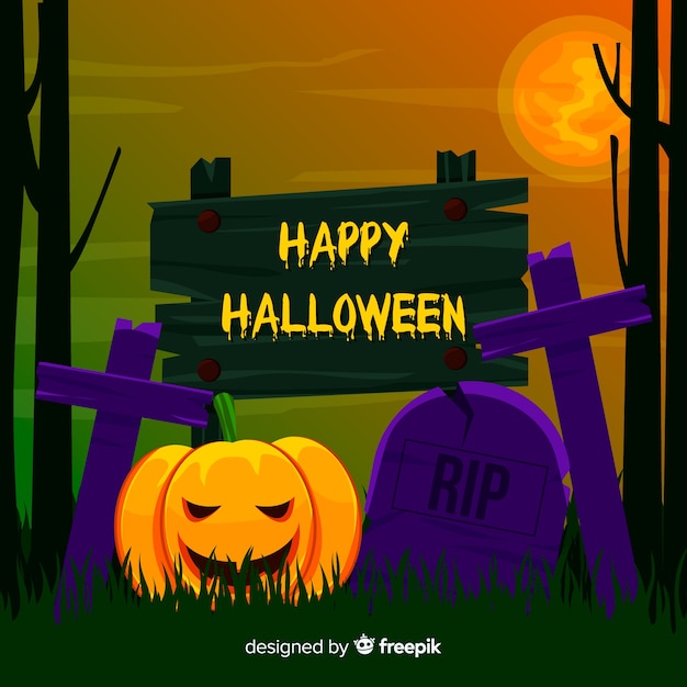 Fondo Feliz Halloween Con Calabazas Diabólicas Y Cementerio Vector Gratis