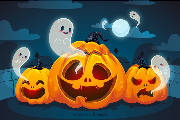 Free Photo | Halloween Pumpkins And Ghosts On Dark Background 3d