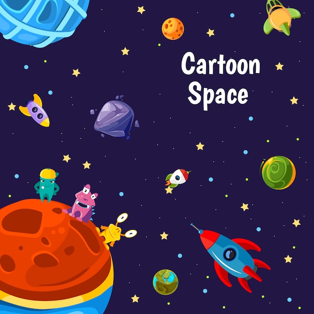 Fondo con lugar para texto con planetas espaciales de dibujos animados y nave conjunto Vector Premium