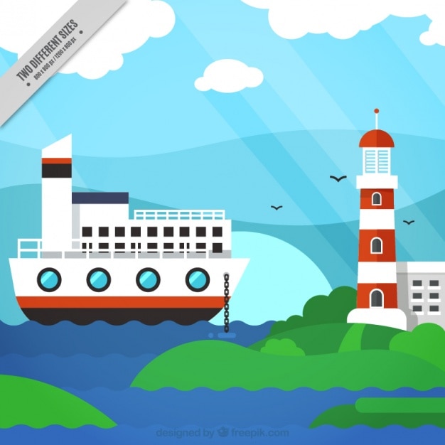 Fondo náutico con un barco y un faro | Vector Gratis