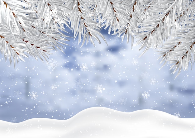 Fondo de navidad con nieve de invierno y ramas de los árboles vector gratuito
