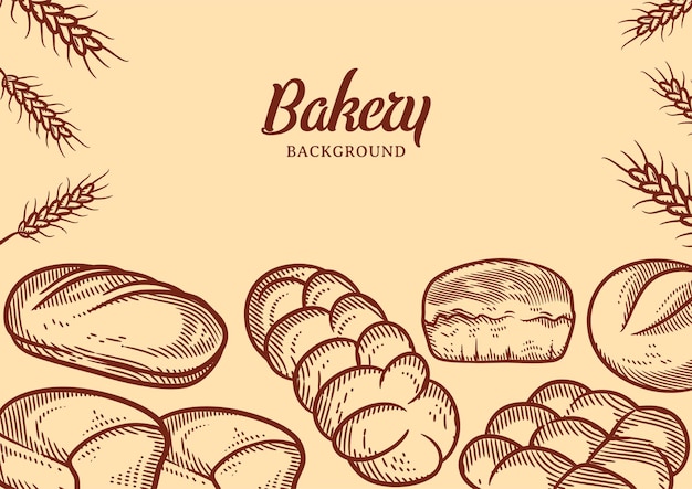 Fondo de panadería vintage con ilustración de vector de pan esbozado