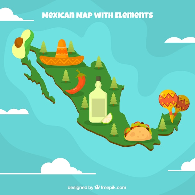 Fondo plano de mapa mexicano con elementos vector gratuito