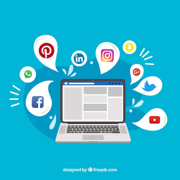 Fondo plano de redes sociales con ordenador vector gratuito