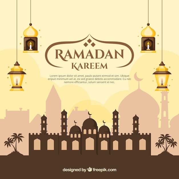 Fondo de ramadán con mezquita y lámparas en estilo plano vector gratuito