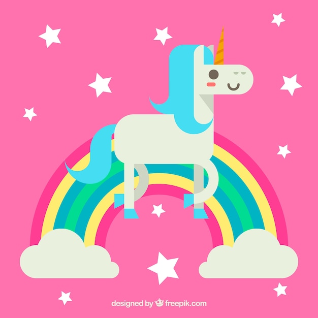 Fondo De Unicornio Con Arcoiris Y Estrellas En Diseño Plano | Vector Gratis