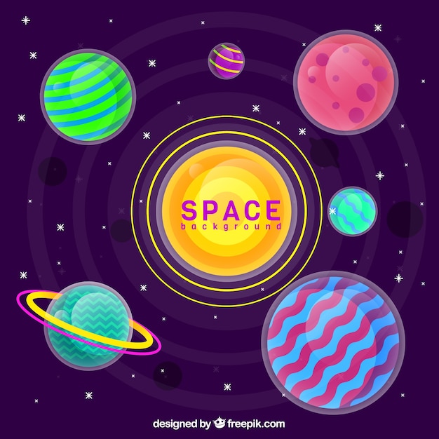 Fondo de universo con planetas de colores en diseño plano Vector Gratis