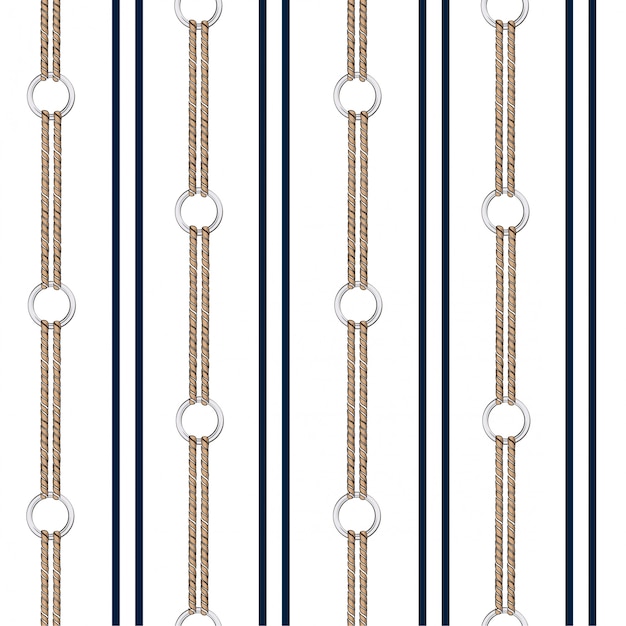 Fondo de vector transparente con cadena dibujada a mano y cuerda náutica de verano en diseño de rayas verticales Vector Premium