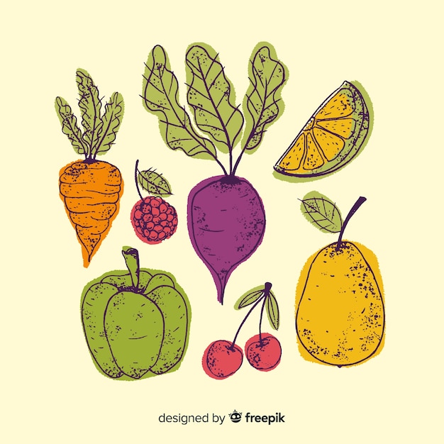 Fondo verduras y frutas dibujadas a mano vector gratuito