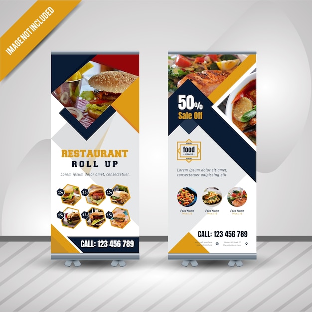 Food roll up banner design para restaurante Vector Premium