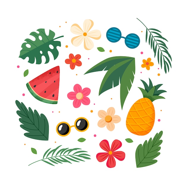 Frutas de verano hojas y flores colección de elementos ilustración