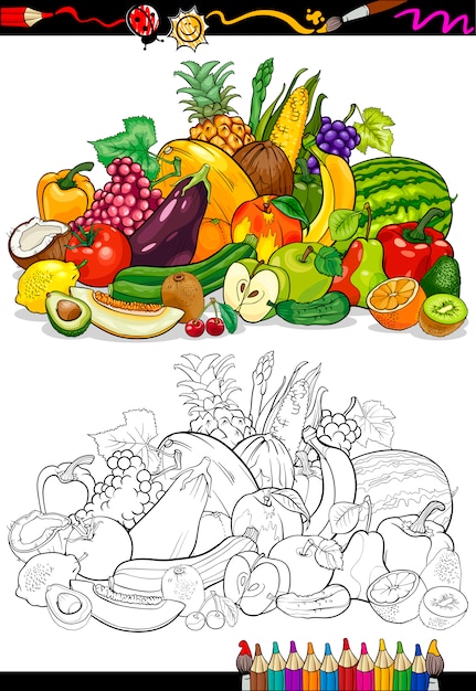 Frutas y verduras para colorear libro | Descargar Vectores Premium