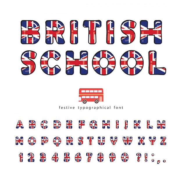 Fuente de la escuela británica, colores de la bandera nacional del reino unido de gran bretaña. Vector Premium
