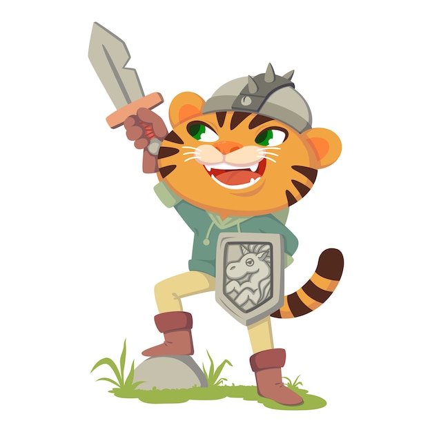 Gato Con Botas Personaje De Cuento De Hadas Tigre Con Espada Escudo Y Casco Gato Disfrazado De Guerrero Medieval Caballero Ilustracion Aislada Sobre Fondo Blanco Vector Premium