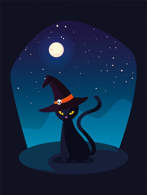 Gato Negro Con Sombrero De Bruja En Escena De Halloween Vector Premium