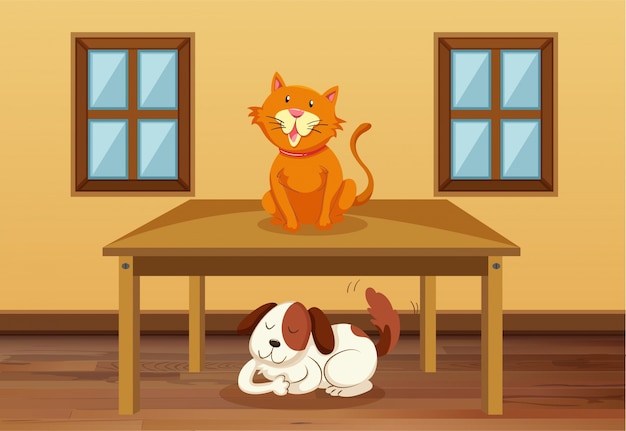 Gato y perro en la habitación | Vector Gratis