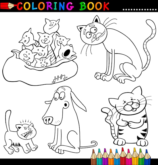 Gatos De Dibujos Animados Para Colorear Libro O Pagina Vector Premium