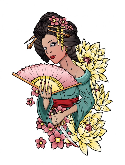 Geisha japonesa con un cuchillo en la mano | Vector Premium