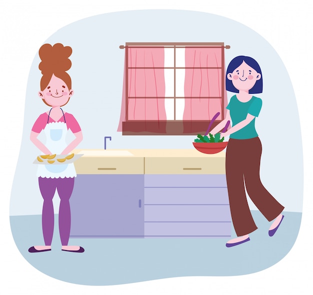 Gente Cocinando Chicas Con Tazón Y Rodajas De Naranja En La Ilustración De La Cocina Vector 