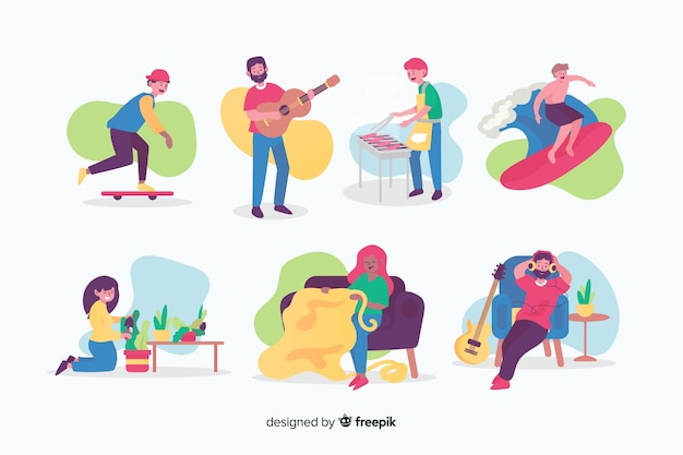 Gente disfrutando de su colección de pasatiempos vector gratuito