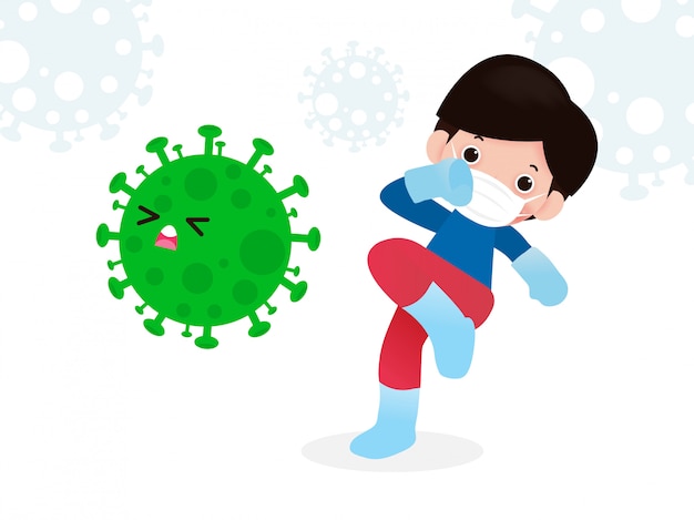 La gente lucha con el coronavirus (2019-ncov), el personaje de dibujos  animados ataca al hombre