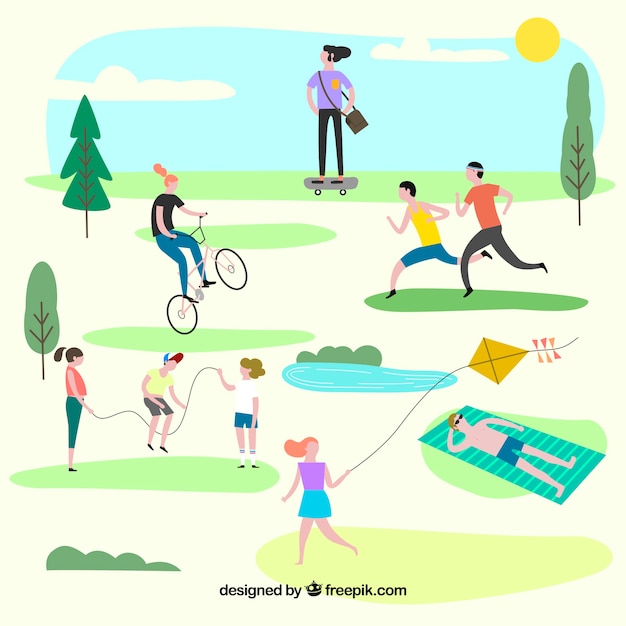 Gente realizando actividades de ocio al aire libre con diseño plano Vector Gratis