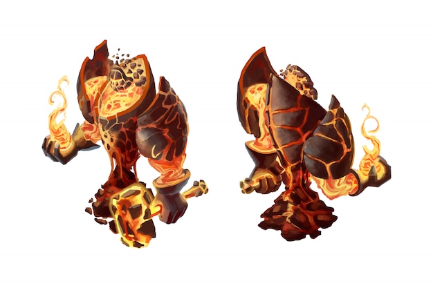 Golem de fuego de dibujos animados, personaje del juego aislado Vector Premium