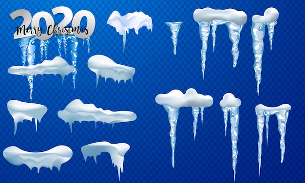 Gorros de nieve, bolas de nieve y montones de nieve. colección de vectores de gorra de nieve. decoracion de invierno Vector Premium