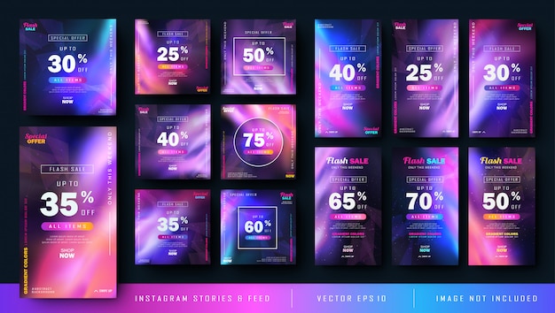 Gradient abstract instagram stories and feed post bundle kit Vector Premium