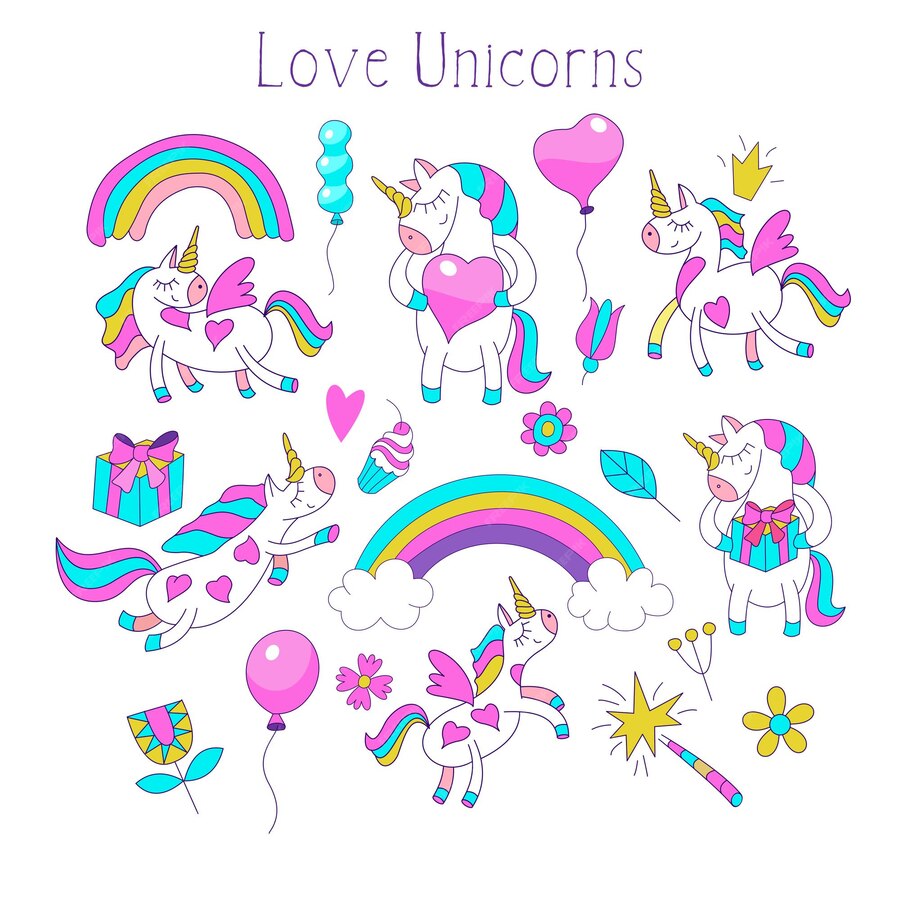 Gran Conjunto De Imágenes Prediseñadas Vectoriales Sobre El Tema Del Amor Unicornios Corazón 8588