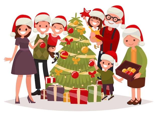 Gran Familia Feliz Decora El Rbol De Navidad Vector Premium