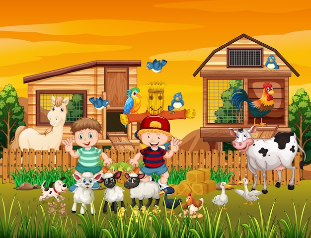 Granja En Escena De La Naturaleza Con Granja De Animales Vector Premium