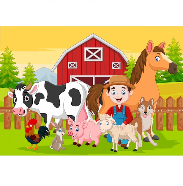 Granjero De Dibujos Animados Y Animales De Granja En El Corral | Vector ...