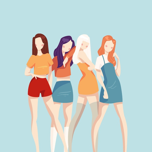 Grupo De Chicas K Pop Ilustrado Vector Premium