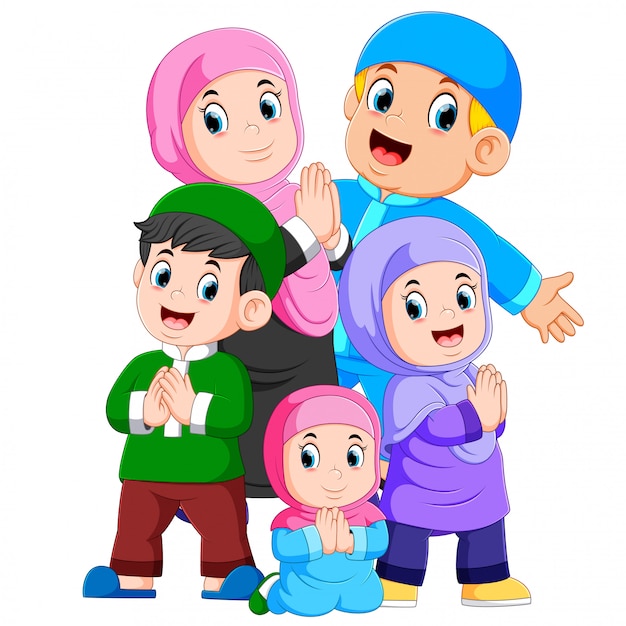 Un grupo de familias musulmanas celebran el ied mubarak juntos. Vector Premium