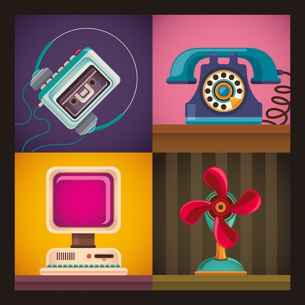 Grupo de objetos retro Vector Premium