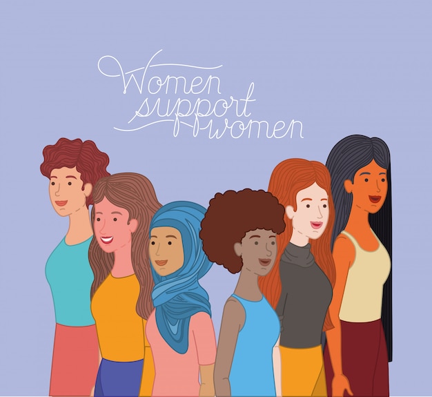 Grupo de personajes femeninos con mensaje feminista. Vector Premium 