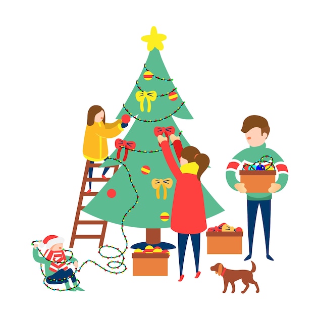 Grupo De Personas Decorando El árbol De Navidad | Vector Gratis